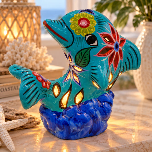 Mexican Talavera Pottery Dolphin Luminary Hand Painted Folk Art Blue