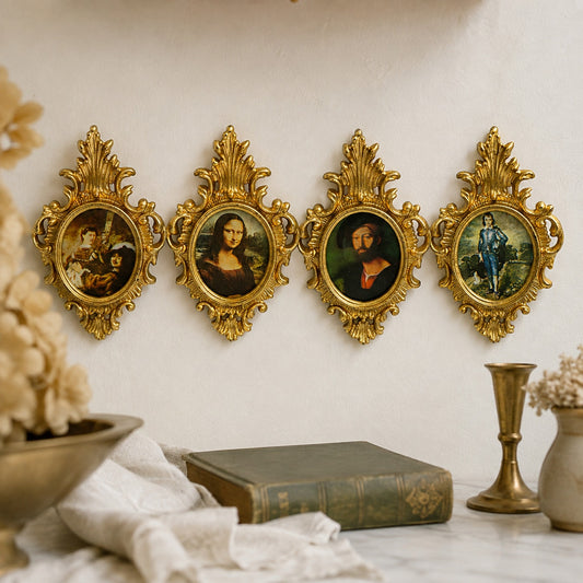 Vintage Miniature Art Prints Ornate Gold Frames Petite Wall Decor Set of 4