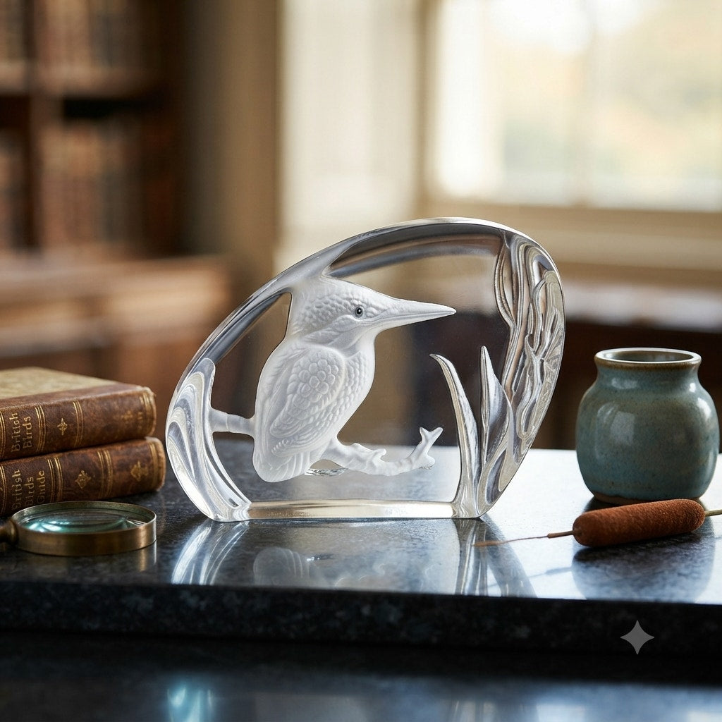 Wedgwood Crystal Reverse Cut Paperweight Wild Birds - Kingsfisher Bird