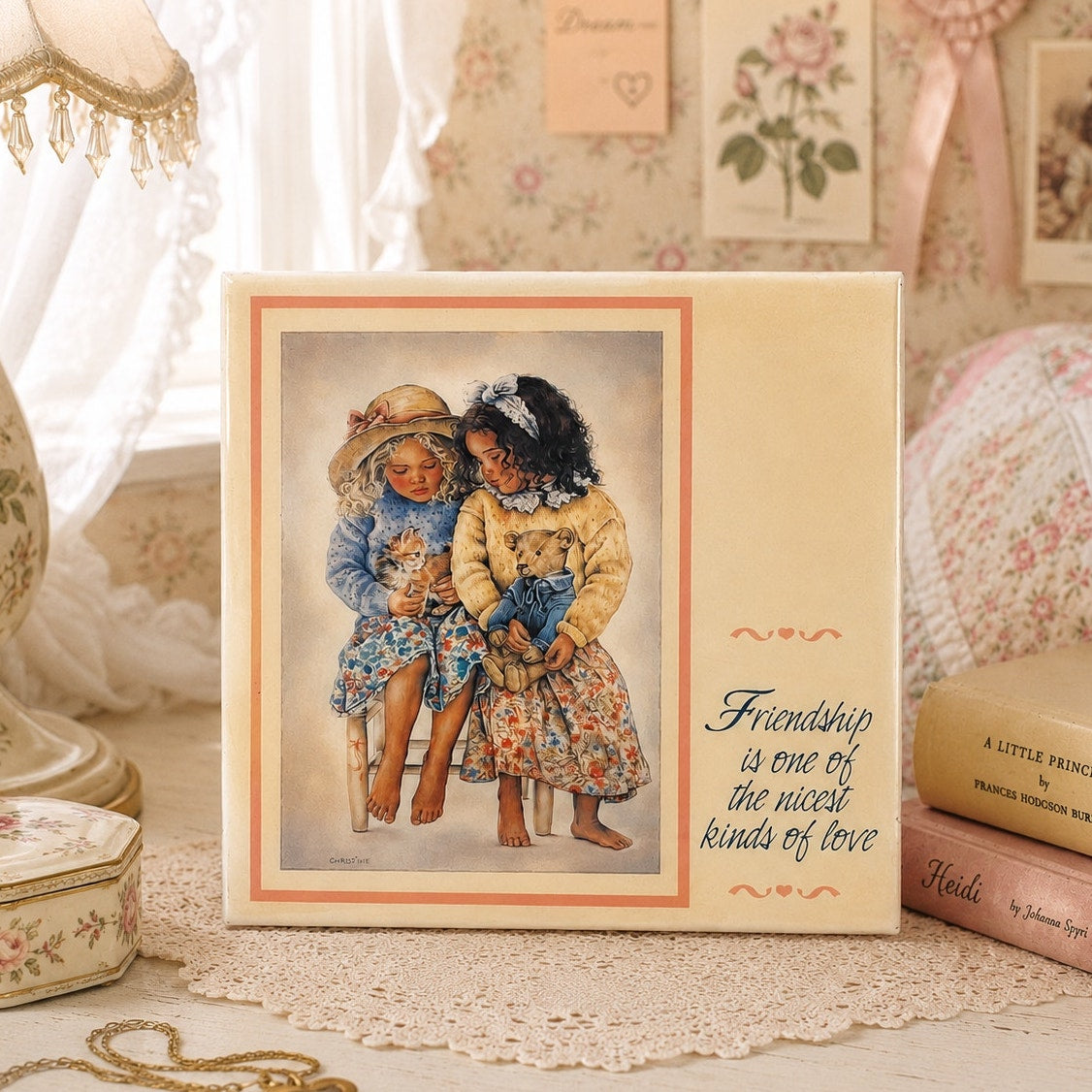 Friendship is one of the  nicest  kinds of Love Easel Tile Art by Christine Haworth 8" by 8"