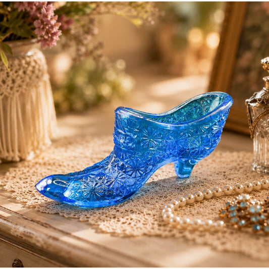 LE Smith Blue Glass Slipper Shoe Daisy Button UV Glow Vintage Figurine