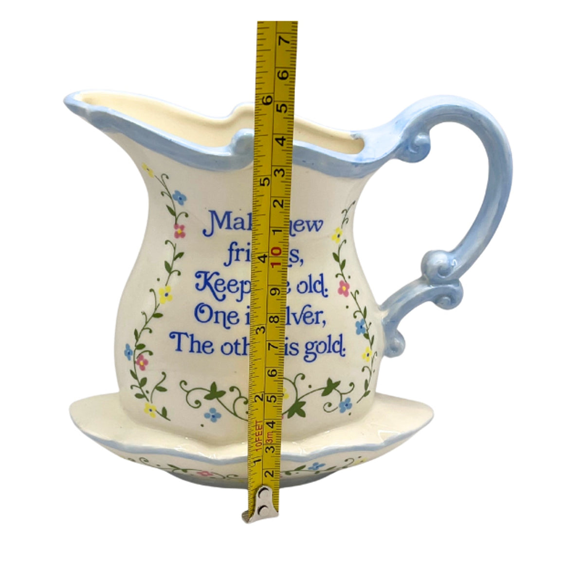 Vintage Lorrie Design Wall Pocket Floral Pottery Pitcher Basin Blue Trimming