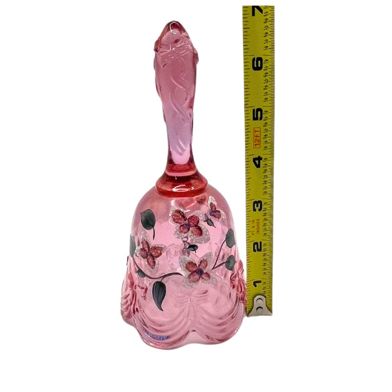 Vintage Fenton Rose Pink Art Glass Bell Hand Painted Signed S. Miller