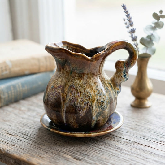 Vintage Hermitage Pottery Miniature Pitcher Plate Drip Glaze Decor