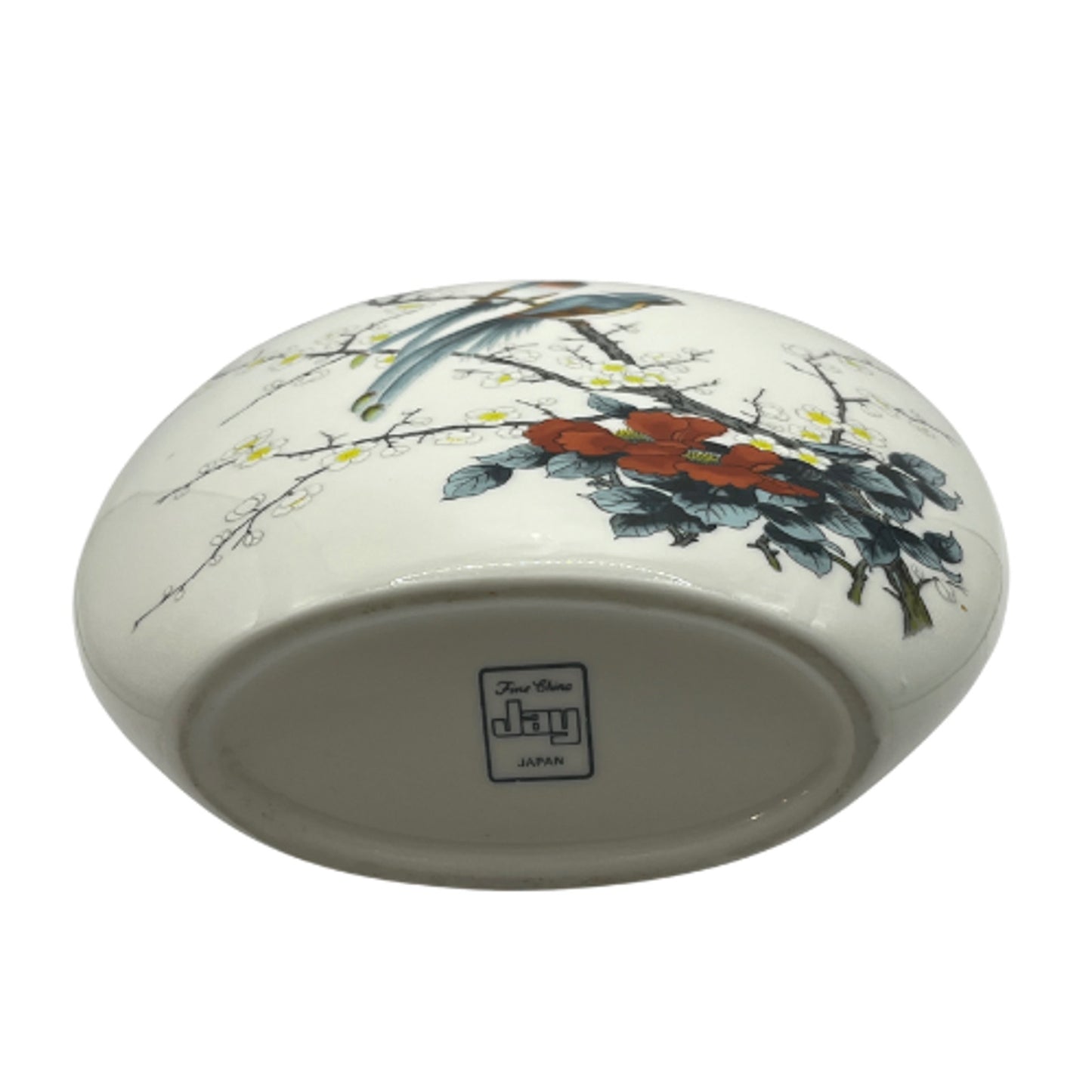Vintage JAY Japan Oval Pillow Vase Fine China Porcelain Birds & Cherry Blossoms