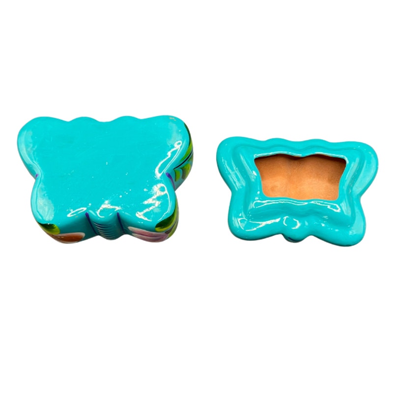 Vintage Mexican Folk Art Butterfly Pottery Trinket Box Turquoise Floral
