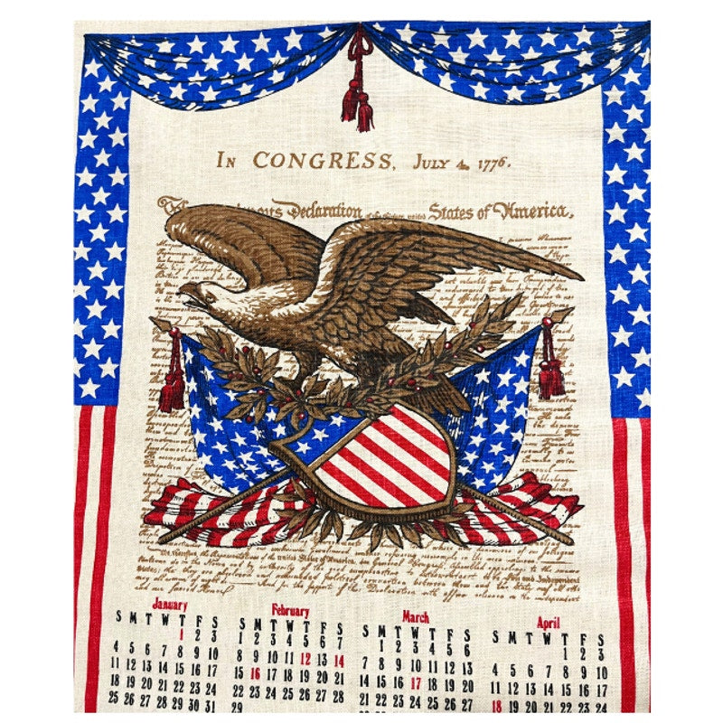 Vintage 1976 Bicentennial Linen Calendar Wall Hanging Tea Towel American Eagle