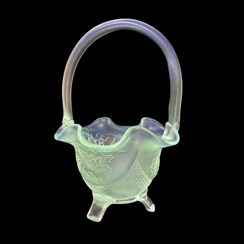 Vintage Fenton Frosted Satin Glass Grape Vine Footed Basket Handle
