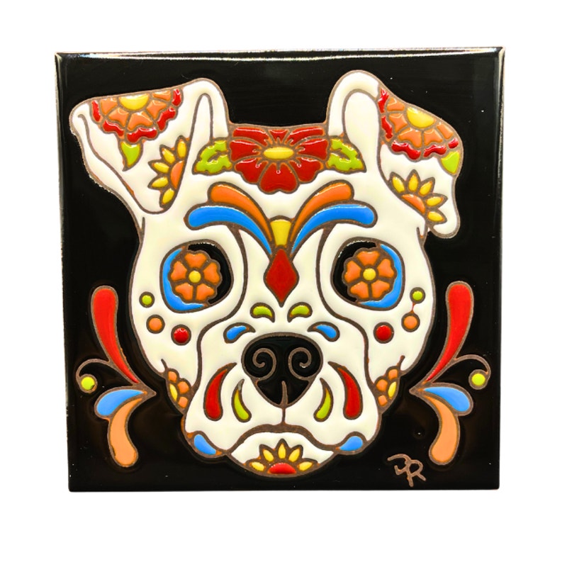 Handmade Ceramic Tile Sugar Skull Dog Wall Art Day of the Dead Folk Art
