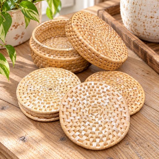 Vintage Rattan Wicker Coaster Set 6 Holder Lidded Storage Basket Bohemian Boho