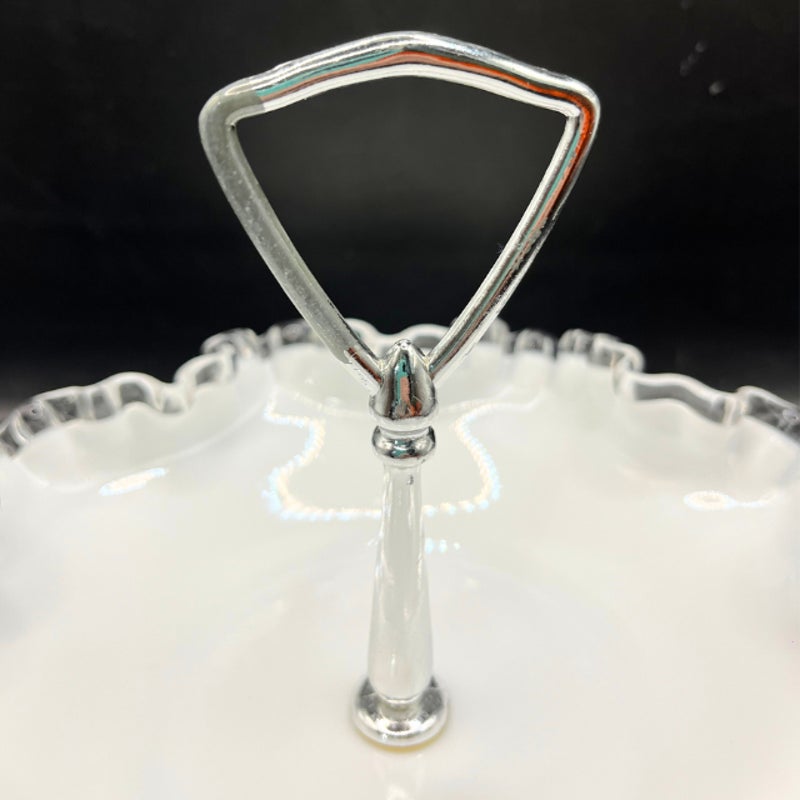 Fenton Silver Crest Milk Glass 8 Inch Handled Bonbon Dish Ruffled Edge