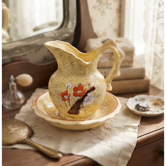 Vintage Miniature Ceramic Wash Basin Pitcher Set Orange Floral Enesco Japan