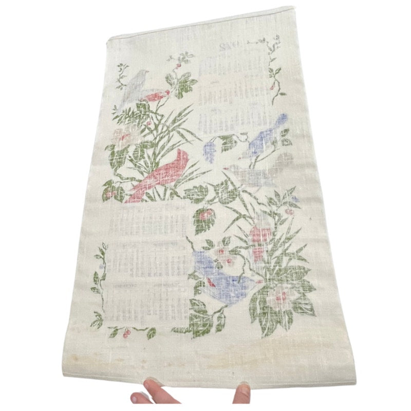 Vintage 1972 Songbirds Calendar Tea Towel Floral Bird Kitchen Wall Hanging Linen