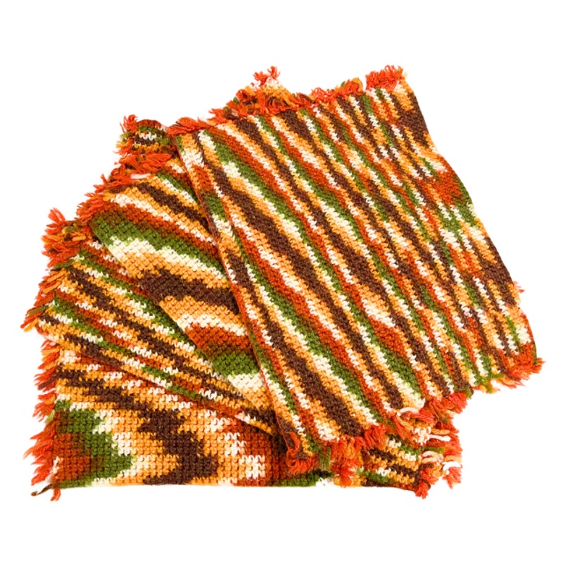 Vintage 1970s Striped Crochet Placemats Set of 4 Handmade Boho Table Linens