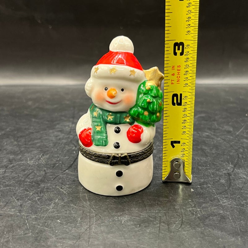 Vintage Ceramic Snowman Hinged Trinket Box Holiday Figurine Keepsake 3 In