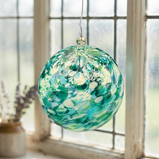 Hand Blown Studio Art Glass Ornament Blue Green and White Splatter Swirl Pattern
