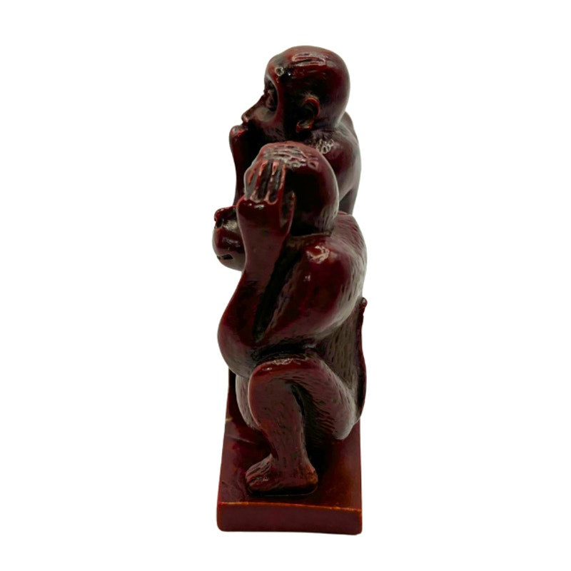 Vintage Chinese Wise Monkeys Carved Cinnabar Lacquer Figural Desk Piece Figurine