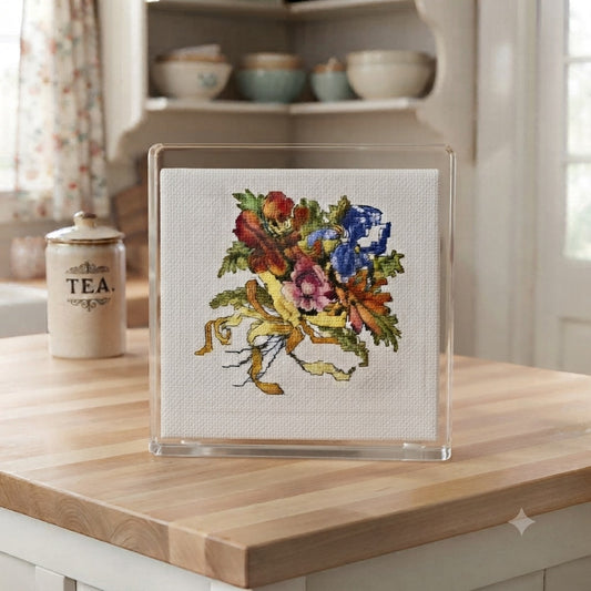 Vintage Cross-Stitch Hot Plate Floral Bouquet Trivet Kit NEW