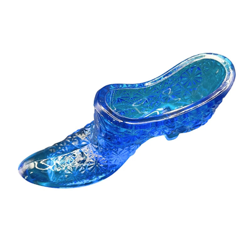 LE Smith Blue Glass Slipper Shoe Daisy Button UV Glow Vintage Figurine