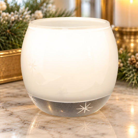 Crate & Barrel White Etched Starburst Glass Candle Holder Hand Blown Poland