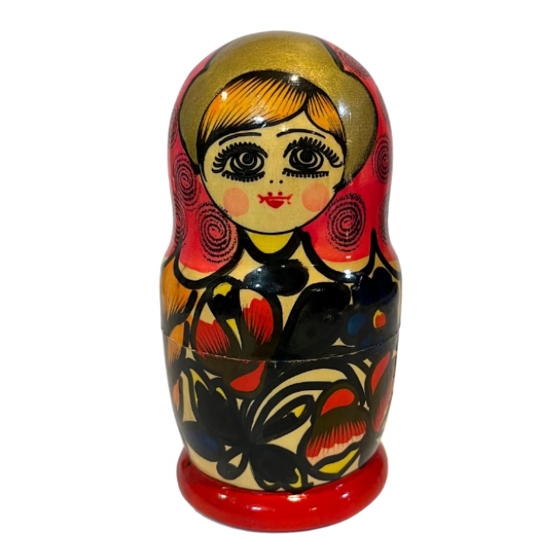 Vintage Russian Matryoshka Nesting Dolls Red Pink Purple Floral Design Set of 5