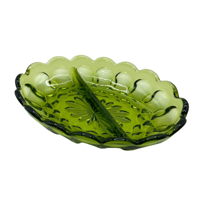 Vintage Anchor Hocking Fairfield Avocado Green Glass Oval Divided Relish Dish