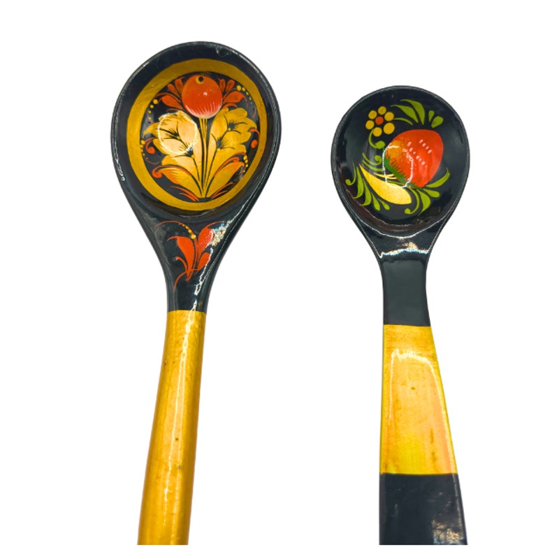 Vintage Russian Stpgoods Khokhloma Wooden Spoons Hand Painted Black  Lacquer Gold Berry Design