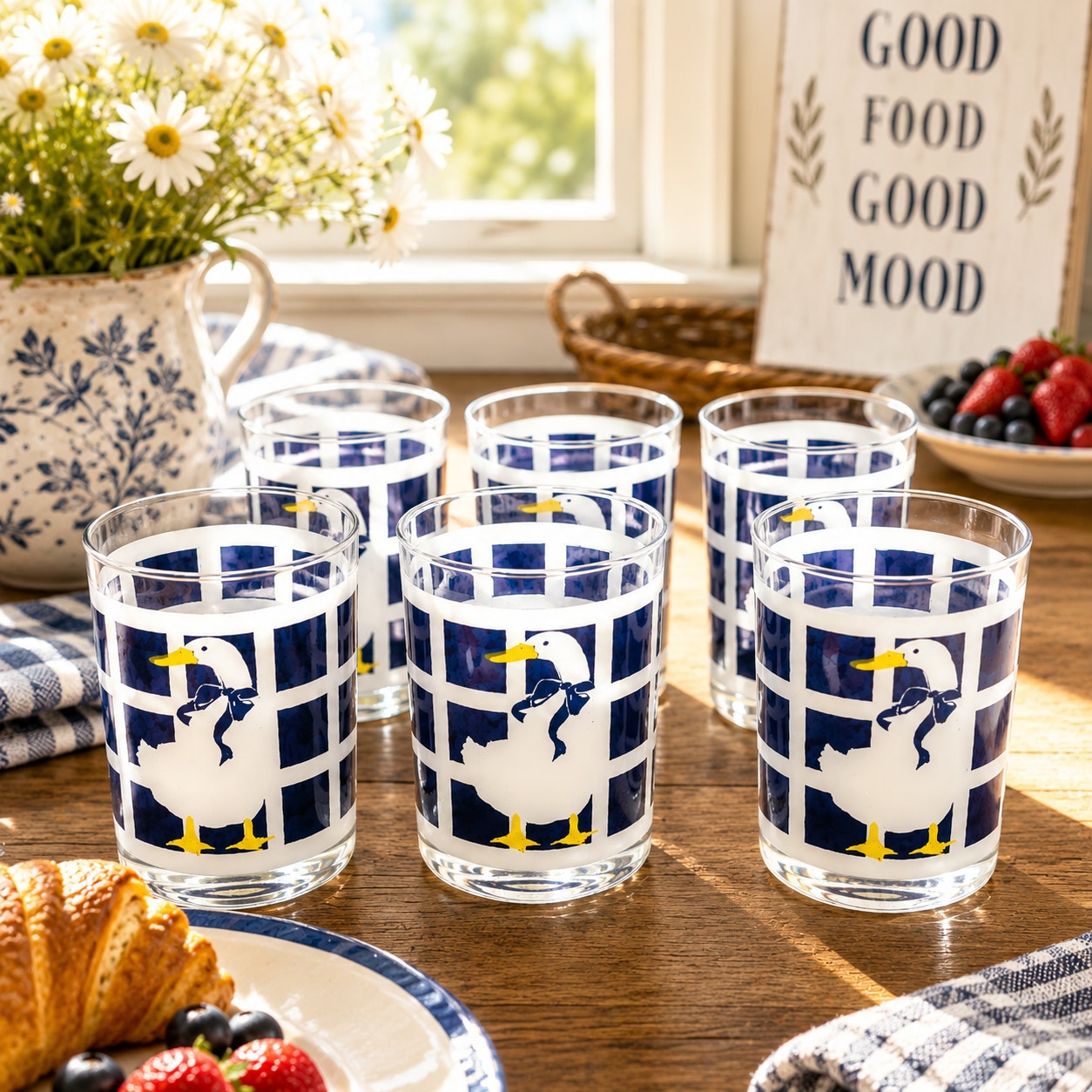 Department 56 Blue Ribbon Geese Trellage Navy Blue Glasses Vintage Set of 6