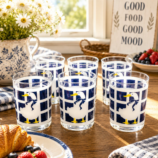 Department 56 Blue Ribbon Geese Trellage Navy Blue Glasses Vintage Set of 6