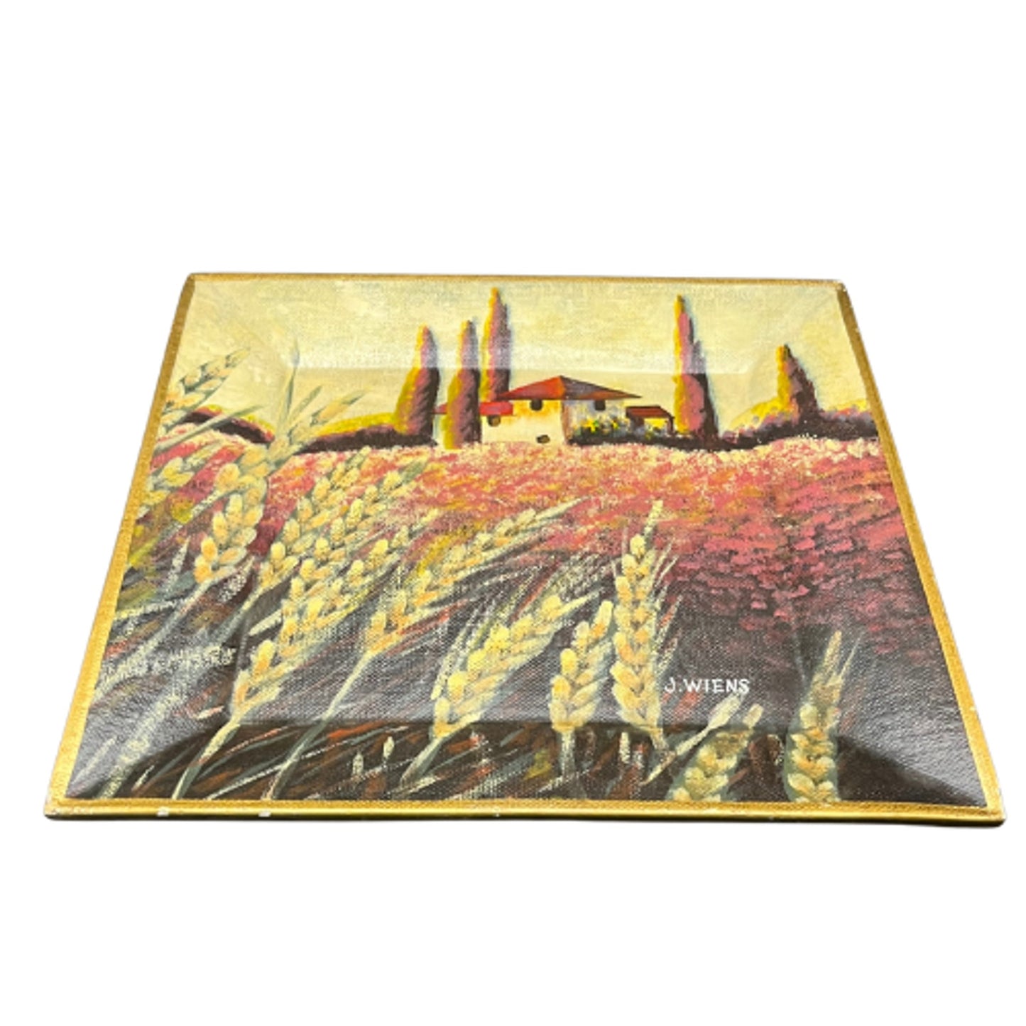 "Tuscan Fields" By J. Wiens  Hand Painted Signed Tam San Designs Beveled 10" by 10" Plate
