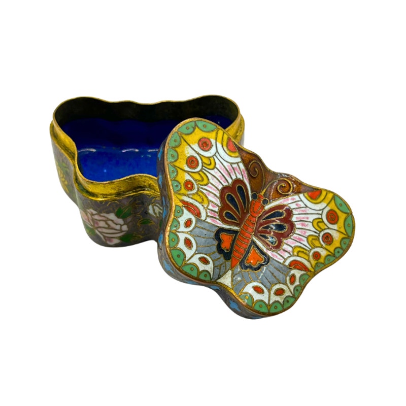 Vintage Chinese Cloisonne Enamel Butterfly Trinket Pill Box
